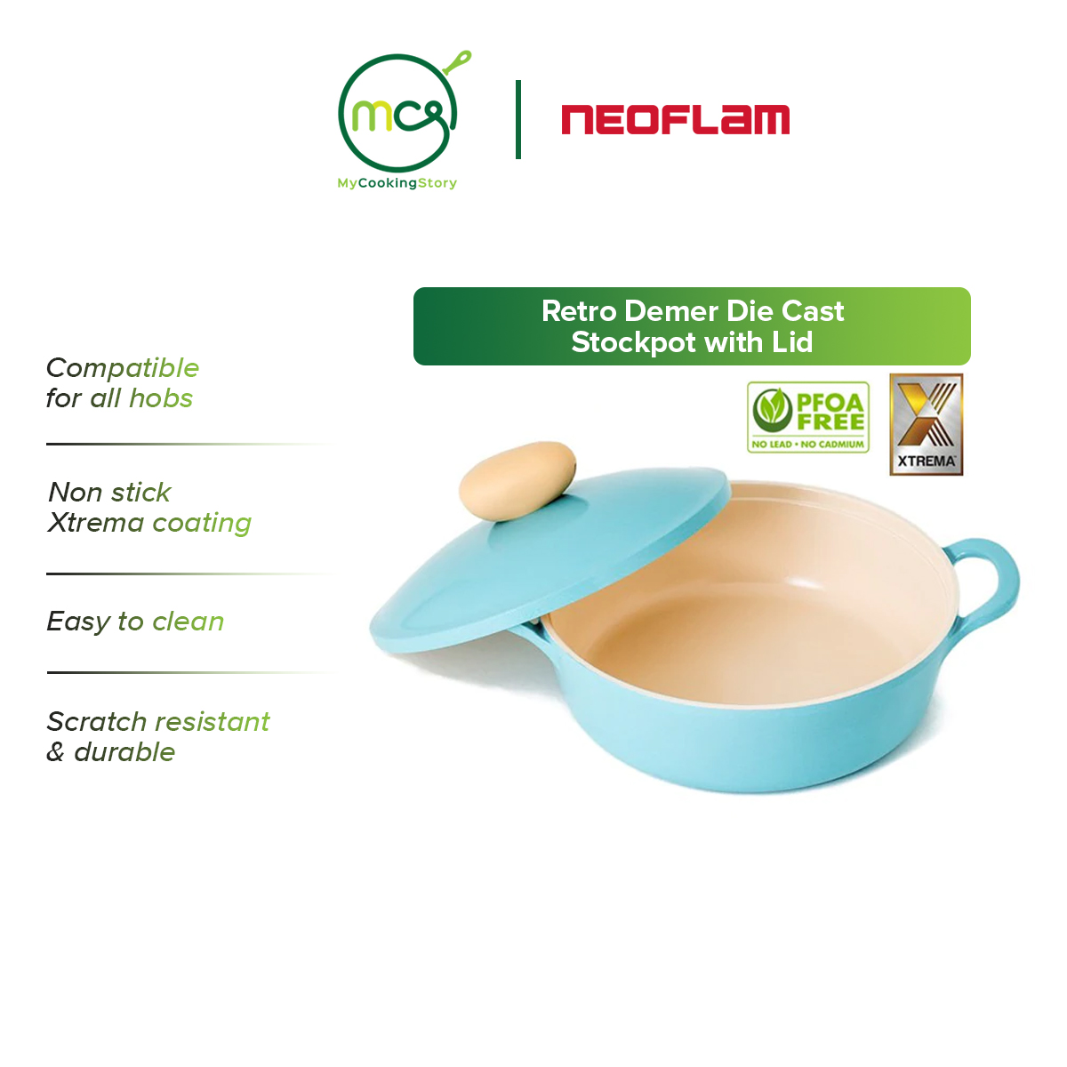 Neoflam Retro 26cm Stockpot Induction with Die-Cast Lid Green Demer **  Online Exclusive **