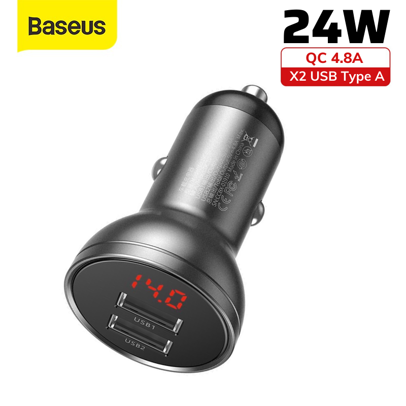 Tẩu sạc ô tô baseus 4.8A 24W 2 cổng sạc usb có led báo hiển thị - Củ sạc nhanh xe hơi QC3.0 dành cho oto