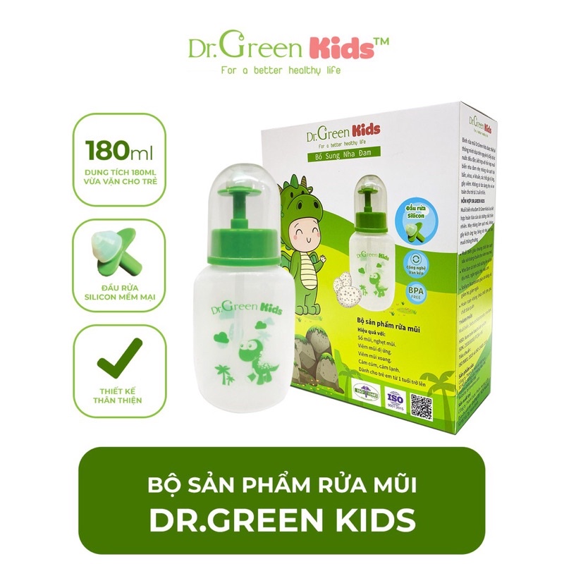 Bộ sản phẩm bình rửa mũi Dr green Kids kèm 30 gói muối biển, đầu rửa silicone