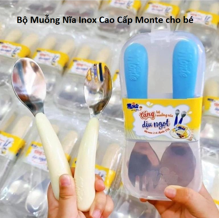 Set muỗng nĩa cho bé cao cấp inox của monte - set thìa dĩa ăn dặm cho bé
