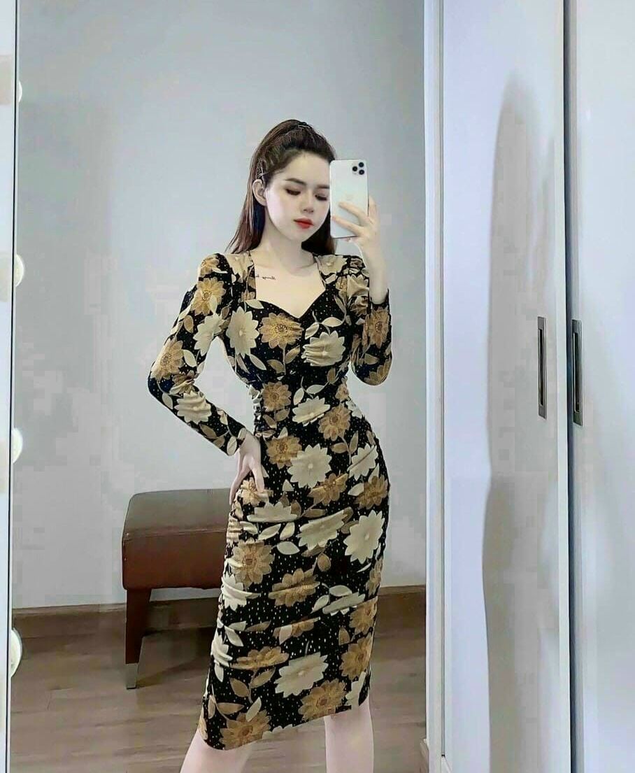 [Mẫu Mới]Đầm nữ body cổ tim kiểu dáng họa tiết thiết kế tinh tế dự tiệc chất vải thun in kts HARI