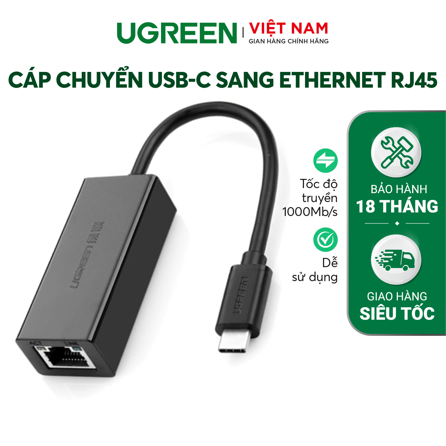 Cáp chuyển Type C sang đầu mạng UGREEN US236 Đầu mạng Ethernet RJ45 Gigabit tốc độ mạng 1000 Mbps, khả năng tương thích rộng - Hàng phân phối chính hãng - Bảo hành 18 tháng 1 đổi 1