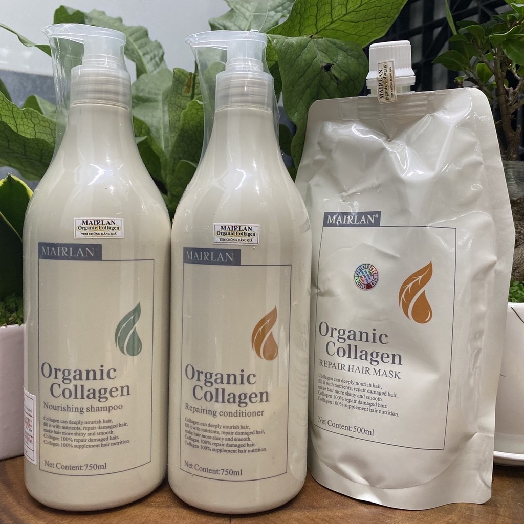 Combo dầu gội,xả , mặt nạ ngăn rụng chống xơ rối mairlan organic collagen nourshing 750mlx2/500ml