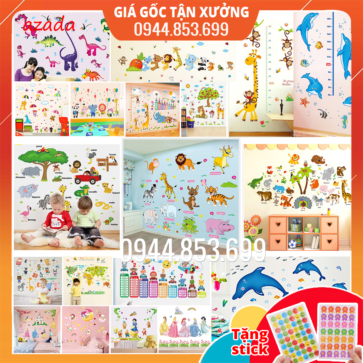 Tranh đề can, decal dán tường cho bé trai-gai học các con vật, số, bảng chữ cái 1-20