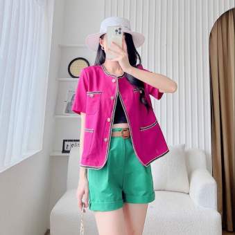 Áo dạ tweed cộc tay cổ tròn họa tiết viền ren khuy cúc đồng cài dọc 2 lớp thanh lịch sang chảnh Eva Lover