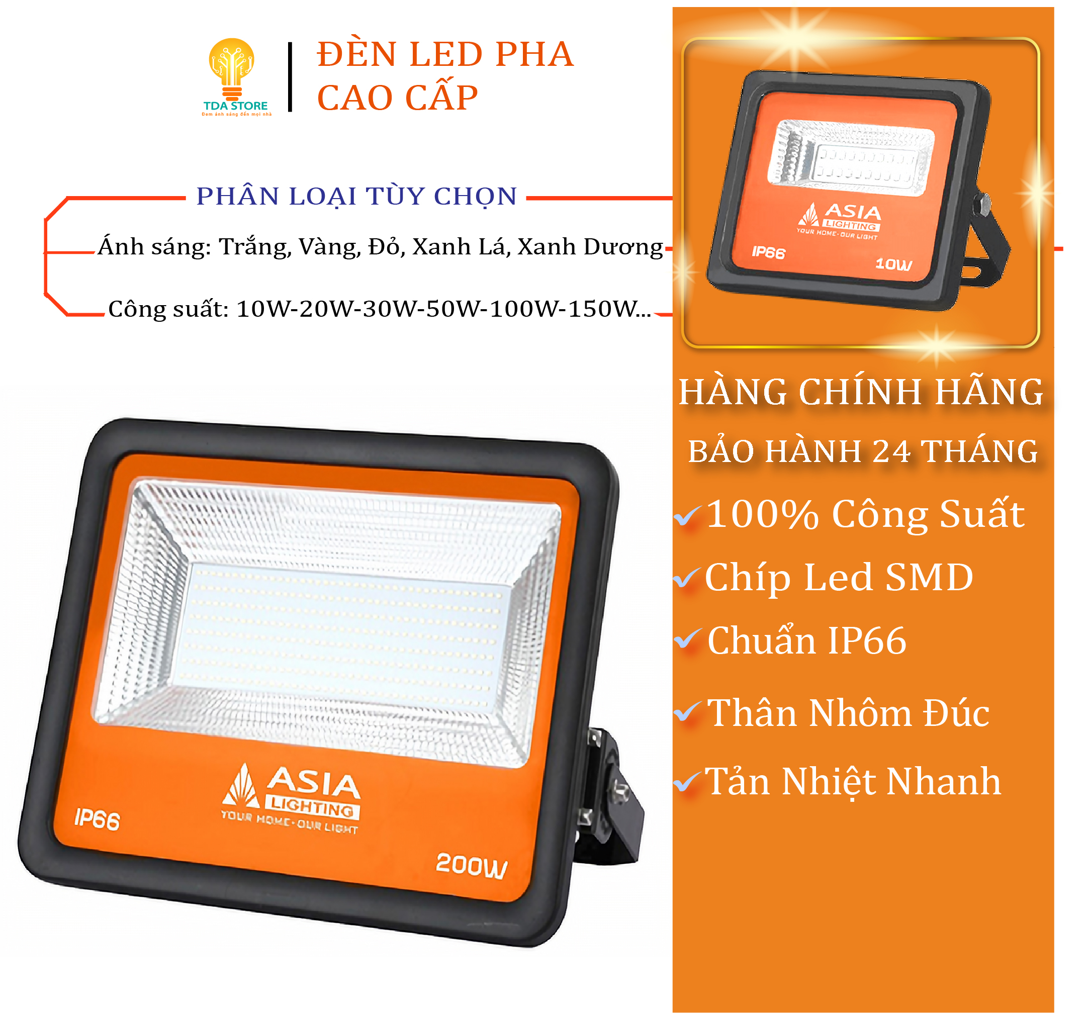 Đèn Pha Led Ngoài Trời Chống Bụi Chịu Nước IP66 100% Công Suất Đổi Màu Ánh Sáng Góc Chiếu Rộng Vỏ Nhôm Đúc Tản Nhiệt Nhanh Tiết Kiệm Năng Lượng Điện 220V Tuổi Thọ Đèn Cao Hàng Chính Hãng ASIA Lighting Bảo Hành 24 Tháng