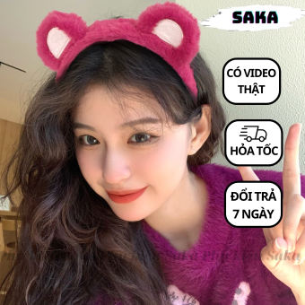 Băng Đô, Bờm Cài Tóc Lông Gấu Dâu, Cài Tóc Bản To Gấu Lotso Hồng Dễ Thương Giá Rẻ Saka