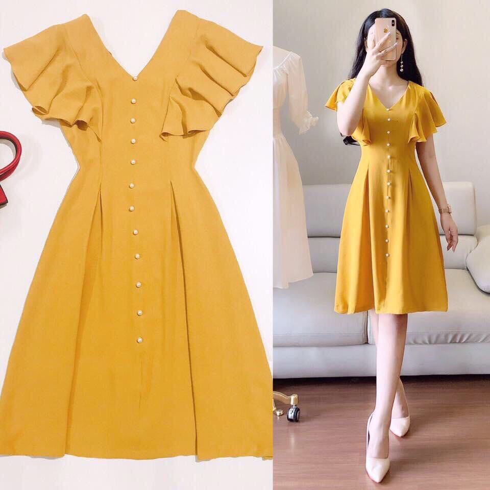 [Hàng Hot] Đầm Váy Nữ Xòe Cổ V Đính Cườm Tay Xếp Ly Thời Trang Kiểu Cách Đi Chơi, Đi Dự Tiệc D.ONE FASHION, Mẫu Free Size (40-55Kg) Mặc Vừa