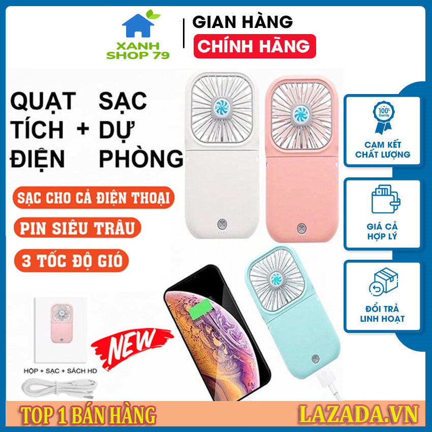 Quạt mini cầm tay kiêm sạc dự phòng dung lượng lớn 3000mAh, quạt tích điện cao cấp 3 chế độ gió, quạt điện mini tặng kèm dây đeo cổ và có thể gấp gọn tiện lợi - Quạt mini giá rẻ, quạt cầm tay, quat mini cam tay