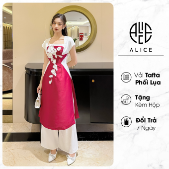 Set Áo Dài Kèm Quần Lụa Cao Cấp ALICE Thiết Kế Cách Điệu, Hoa Đính Nổi Trẻ Trung Phù Hợp Vóc Dáng Phụ Nữ Việt Nam AD243