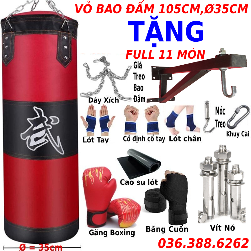 Combo vỏ bao cát đấm bốc boxing dây xích 70cm - 105cm + Găng tay MMA hở ngón + Băng đa cuốn tay boxing + Dây xích, bảo hành vỏ bao đấm 6 tháng