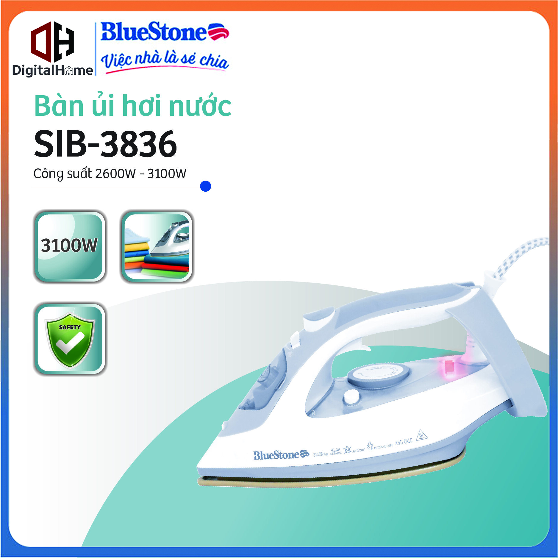 Bàn ủi hơi nước bluestone sib-3836 , công suất 3100w,bảo hành chính hãng 2 năm