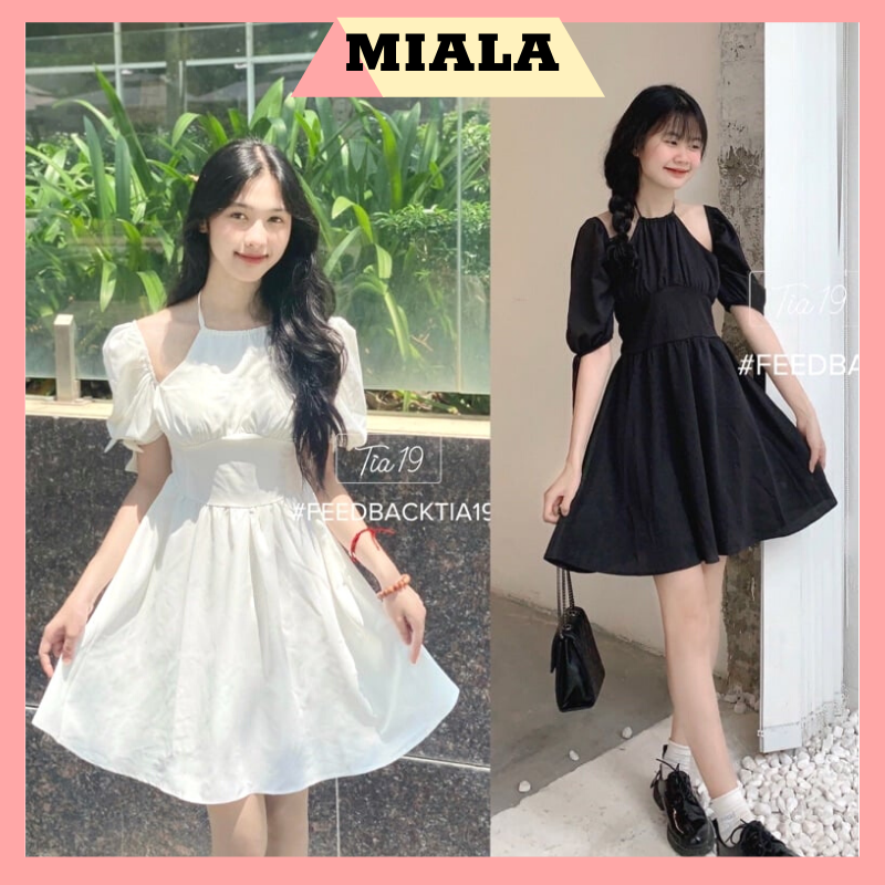 Váy cổ yếm buộc dây ulzzang- Đầm tiểu thư yếm 2 màu trắng đen dự tiệc dáng xoè mùa hè. Váy trắng nữ xinh tay bồng. MIALA