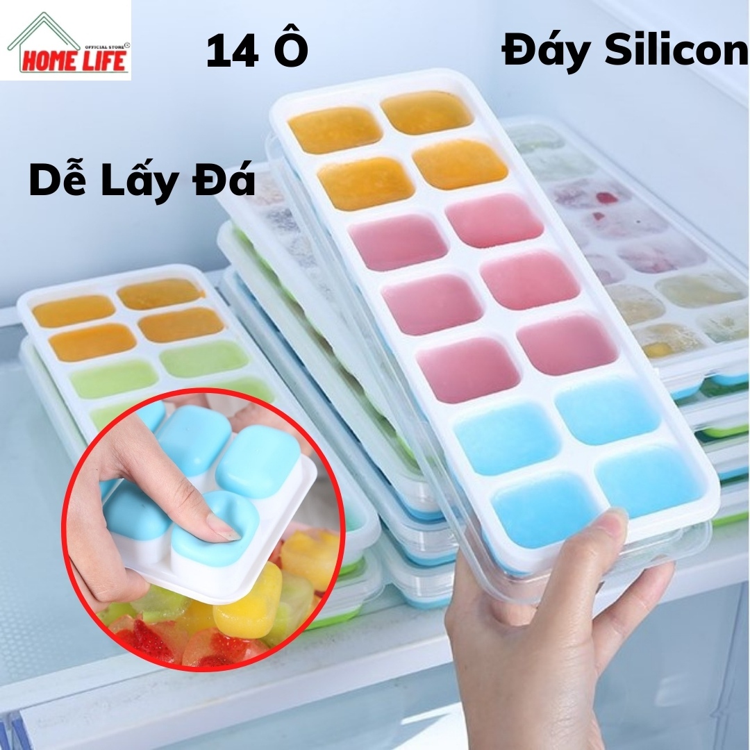 Khay Làm Đá Silicon 14 Ô Có Nắp Đậy Thông Minh, Khay Đá Chống Dính Cao Cấp 2022, Đáy Dẻo Silicon Dễ Lấy Đá, Đá Không Bị Dính Khay, Đủ Màu Sắc Siêu Xinh
