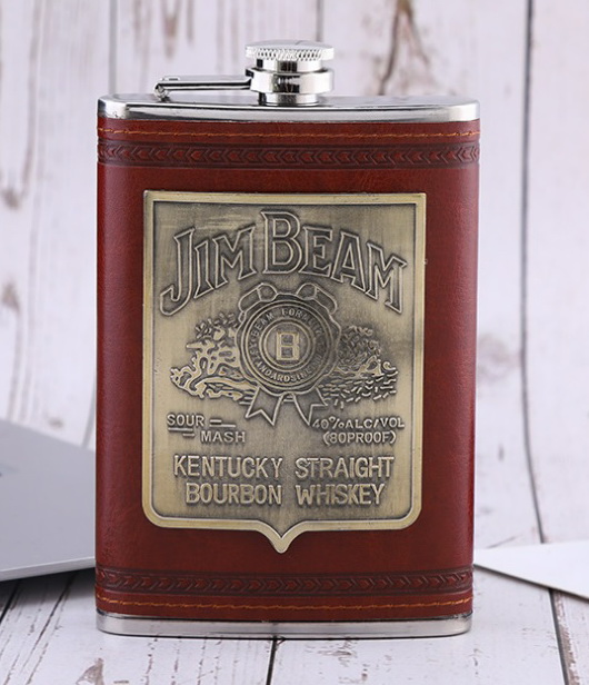 Bình inox đựng rươu mini dung tích 250ml bọc da đỏ logo JimBeam
