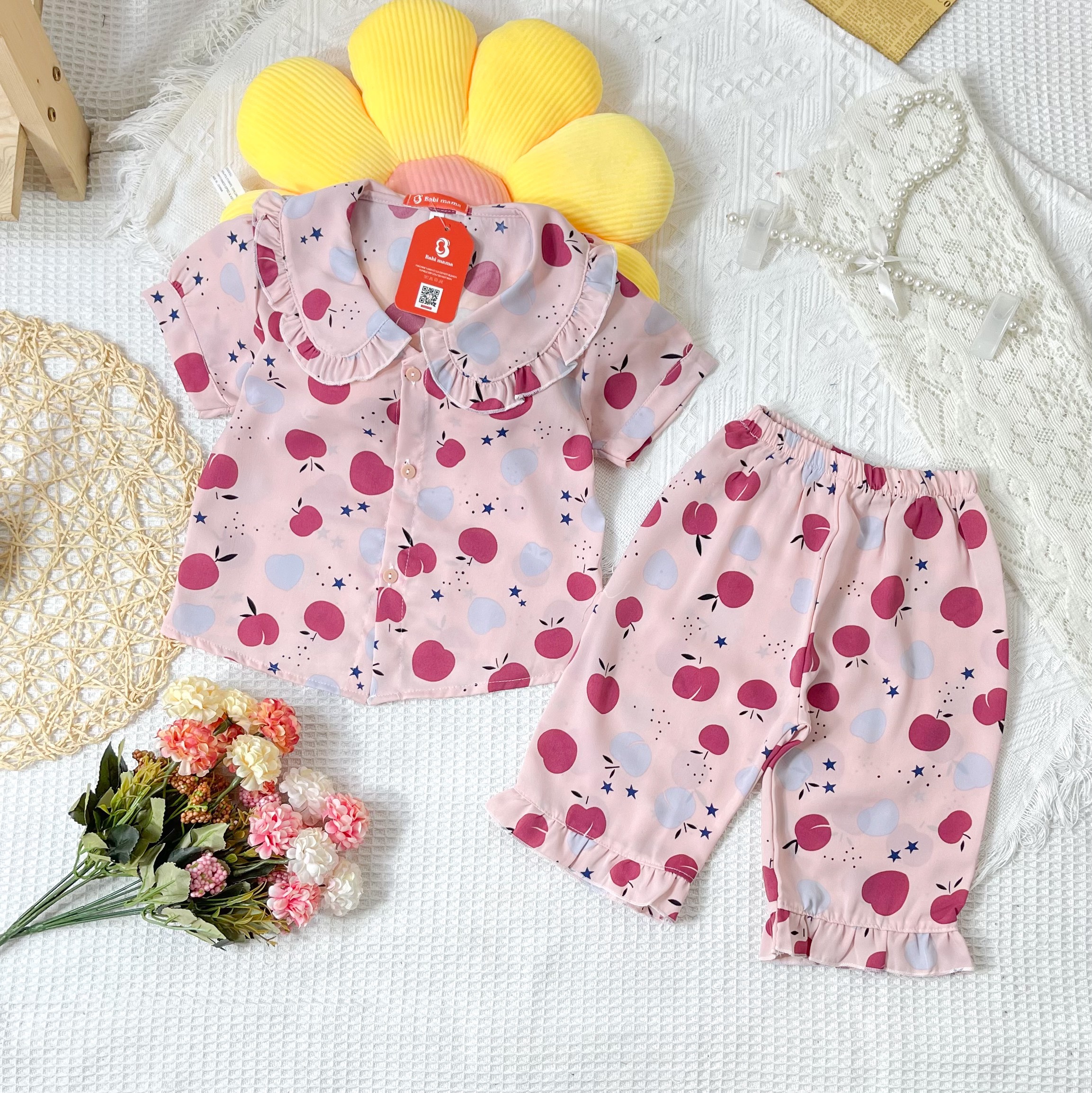 Bộ ngủ lụa bé gái, bộ pijama lụa mango cộc tay quần ngố cổ bèo từ 13-35kg - boody - bpn40