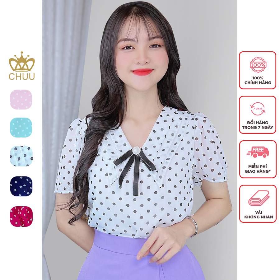 Áo sơ mi công sở nữ họa tiết chấm bi cổ 3 lớp chuu a8074