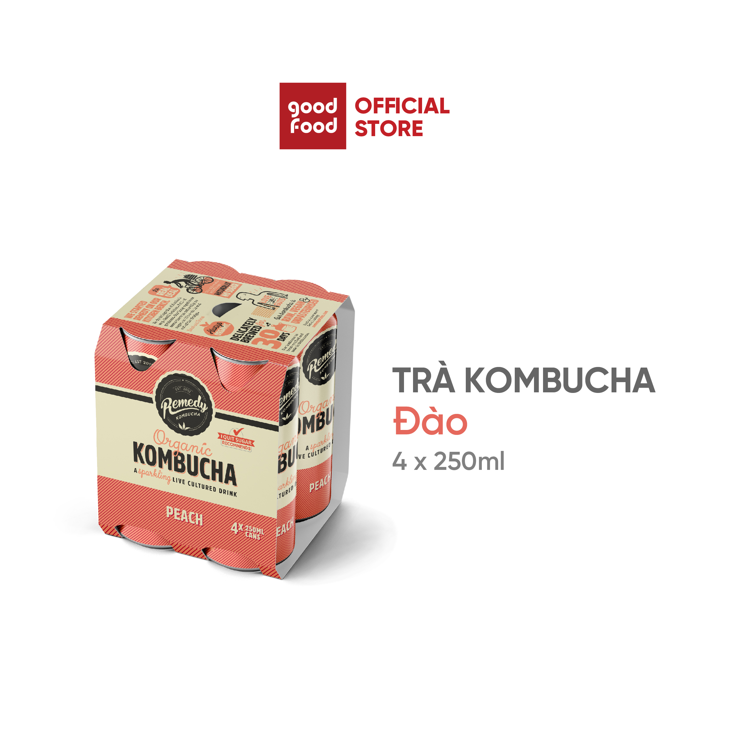 Trà hữu cơ lên men vi sinh Remedy Kombucha bổ sung lợi khuẩn – Vị đào | Lốc 4 lon 250ml