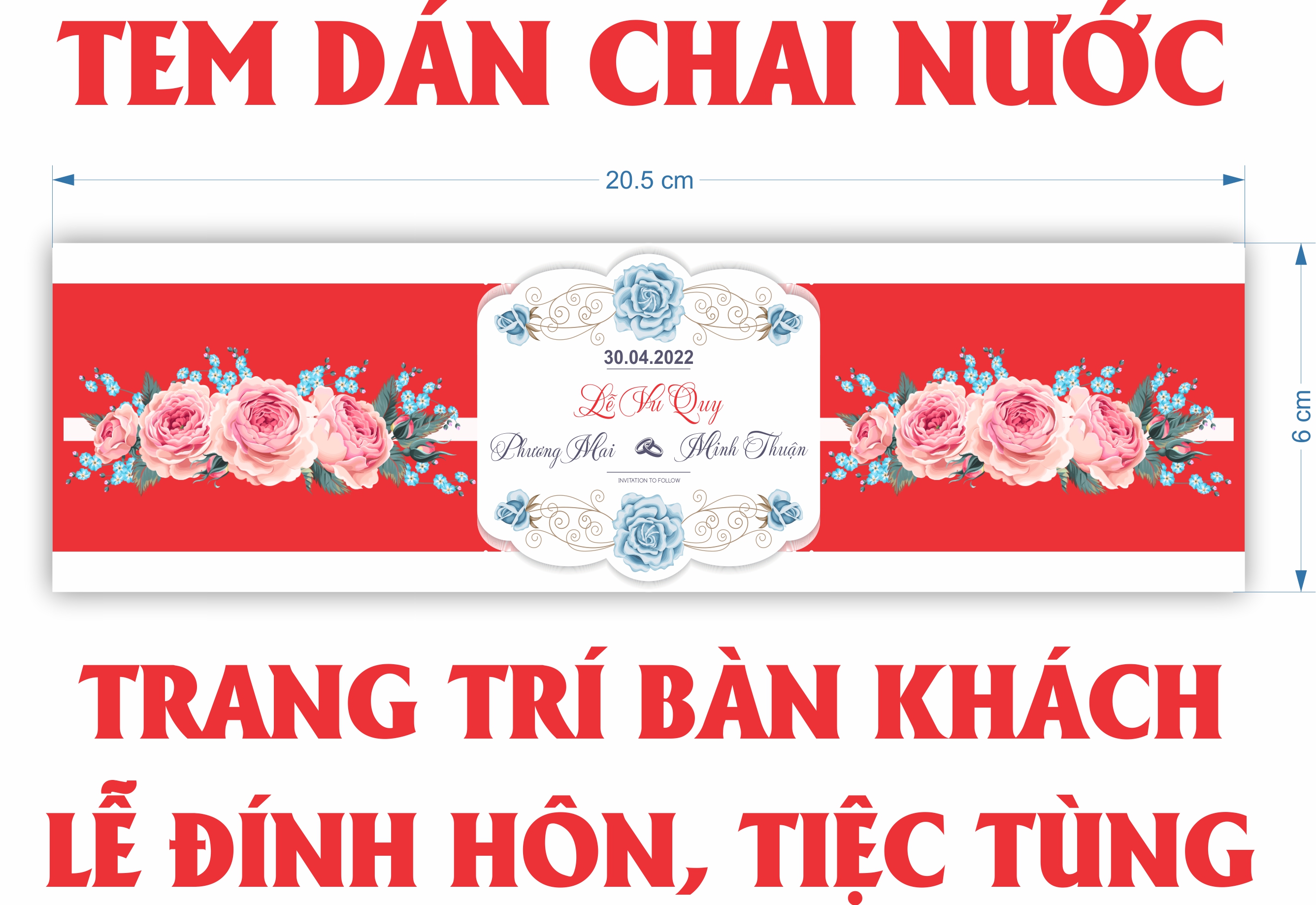 Tem dán chai nước lễ đính hôn, đám cưới, báo hỷ, tiệc đẹp