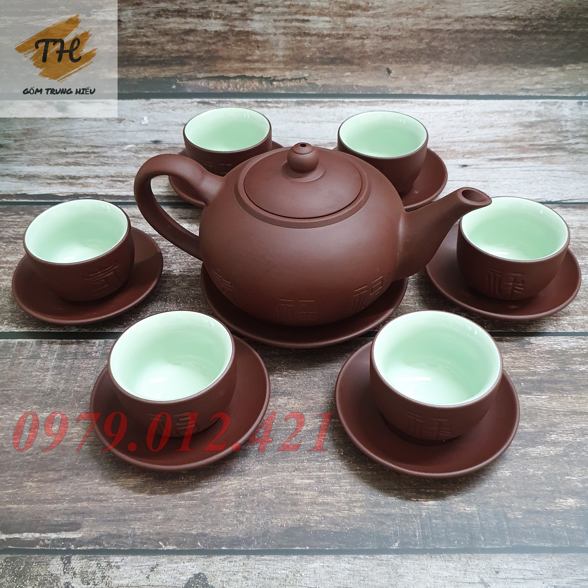 Bộ ấm chén tử sa bát tràng Phúc Lộc Thọ dung tích 400ml