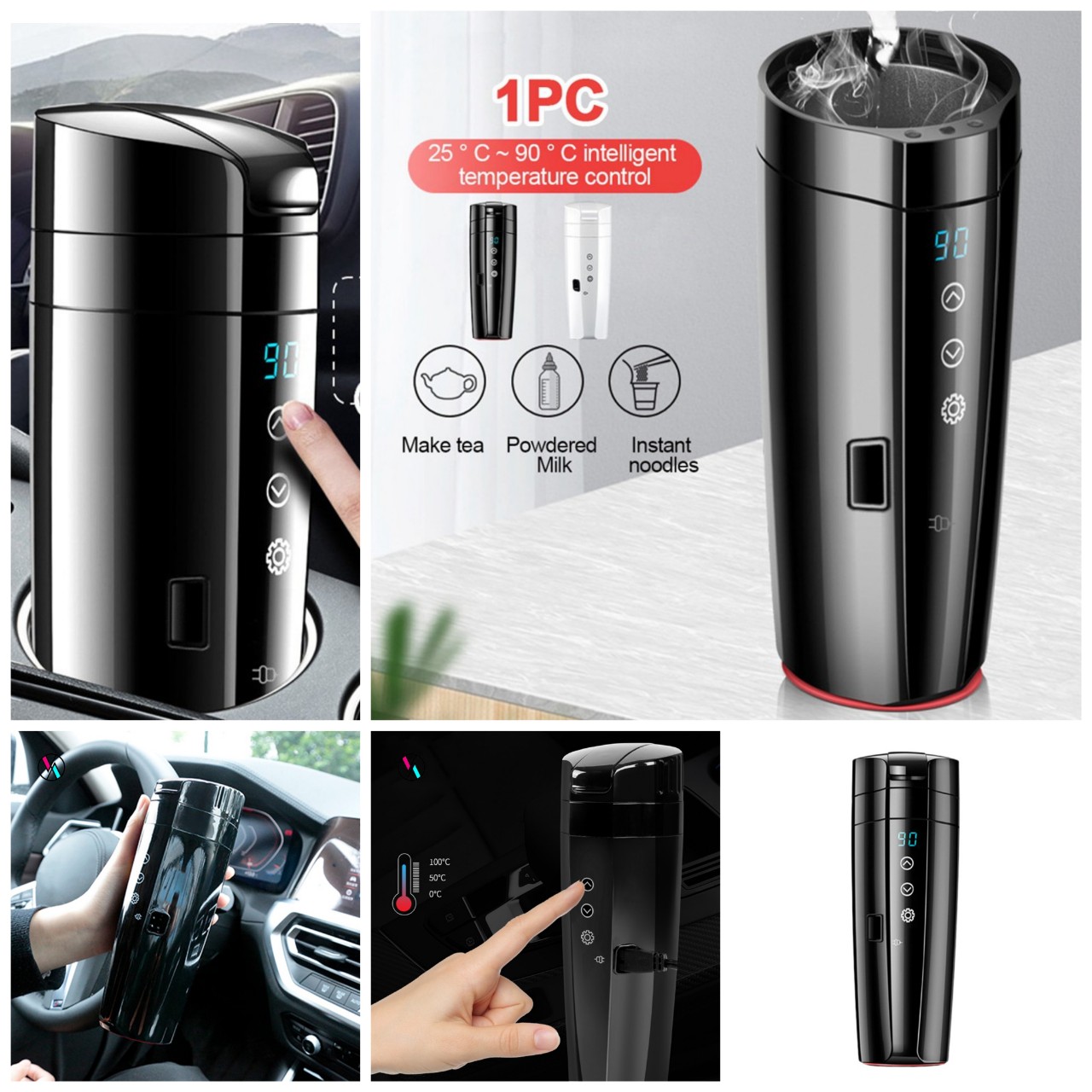 (LOẠI TỐT) Bình nấu nước nóng trên ô tô xe hơi 12v-24v cảm ứng có chỉnh nhiệt độ , bình giữ nhiệt trên oto mẫu mới, phụ kiện ô tô