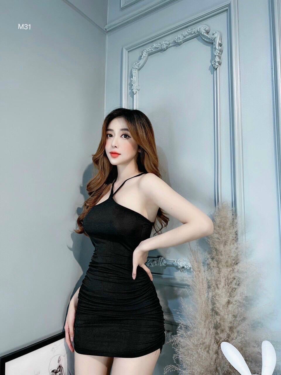 Đầm yếm đan dây lưng có mút chất thun gân ôm body lthkng
