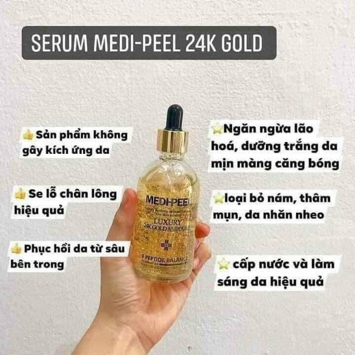 Tinh Chất Vàng Serum Medi Peel Luxury 24K Gold Ampoule 100ml giúp cải thiện làn da trở nên trắng sáng mịn màng hơn, tái tạo da, chống lão hóa, cung cấp bổ sung đầy đủ Collagen giúp làm mờ các vết thâm nám