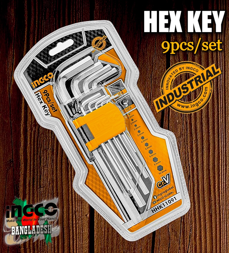 Hex Key 9 Pcs Long Arm Ingco hhk11091