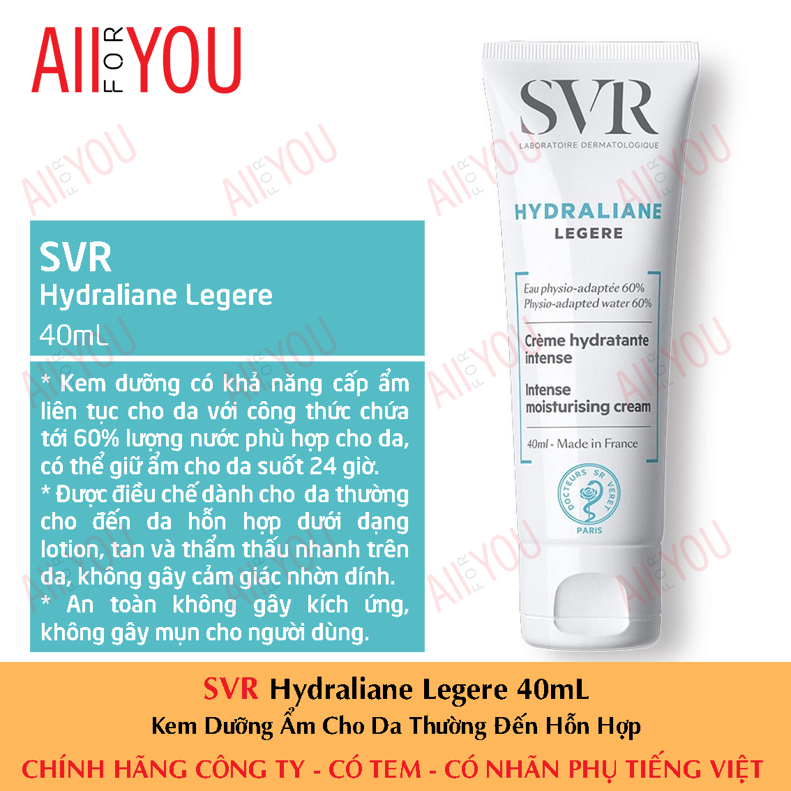 [HCM] [TEM VIỆT NỮ] SVR Hydraliane Legere 40mL - Kem Dưỡng Ẩm Cho Da Thường Đến Hỗn Hợp.