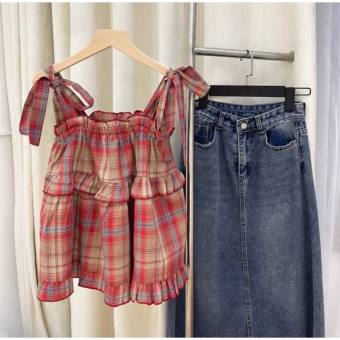 Áo babydoll hai dây kẻ caro đỏ áo 2 dây chun ngực thắt nơ vai viền bèo tầng tiểu thư