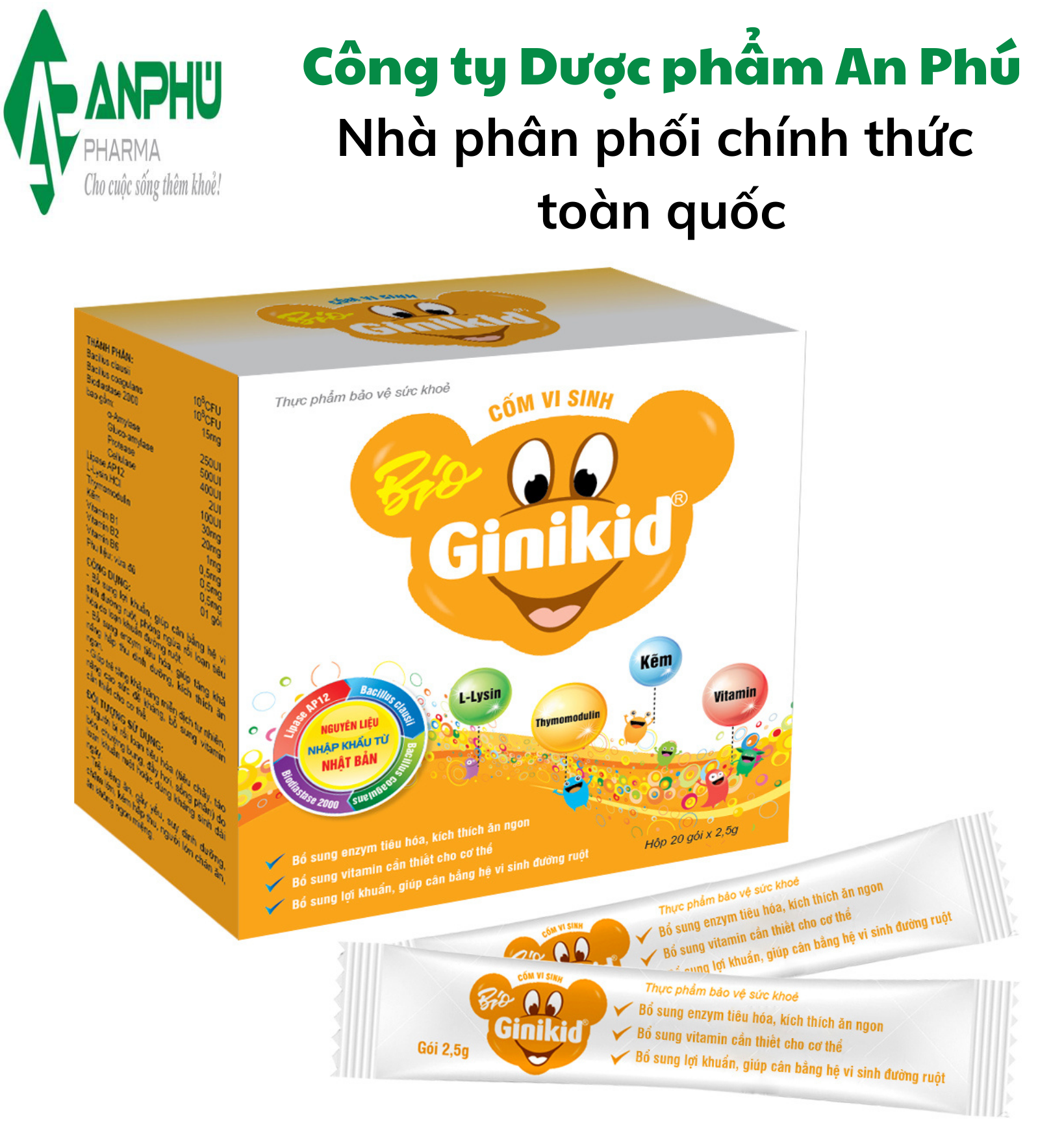 Cốm vi sinh Bio Ginikid - Ăn ngon, khỏe mạnh; Bổ sung lợi khuẩn, phòng ngừa rối loạn tiêu hóa; Bổ sung enzym tiêu hóa, giúp tăng hấp thu dinh dưỡng, kích thích ăn; Bổ sung Thymomodulin giúp tăng cường miễn dịch