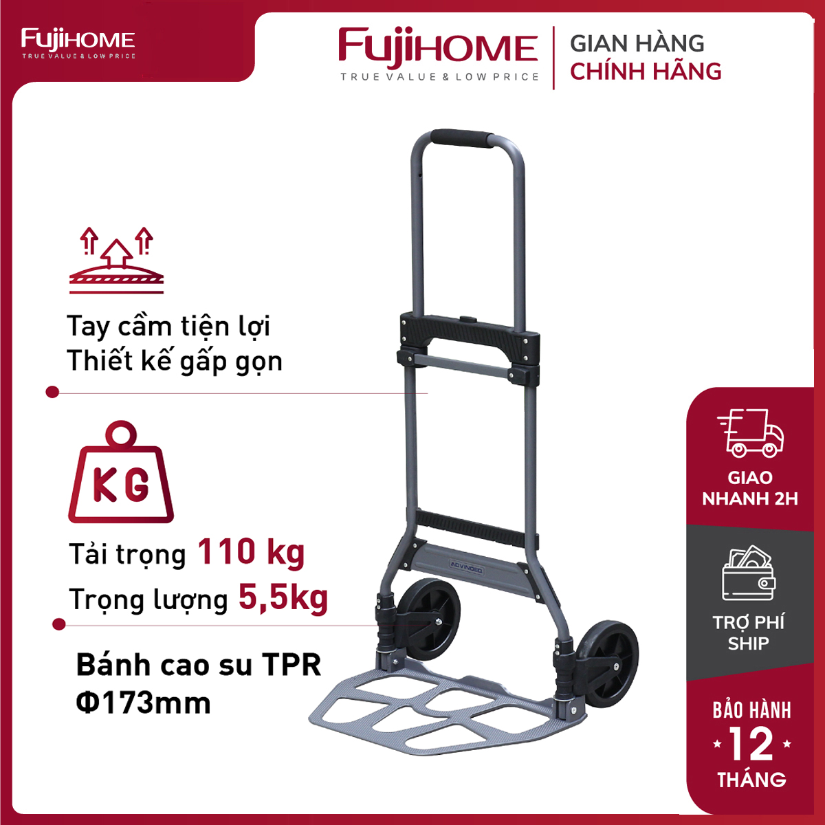 Xe đẩy hàng 2 bánh chở 110kg rút gọn nhập khẩu advindeq tl-110c, xe kéo hàng xếp gọn chính hãng- bảo hành 1 năm