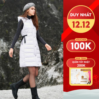 Áo khoác phao nữ gile dáng dài HeraDG thiết kế trần bông 3 lớp có mũ rút dây eo, chất liệu xanh Recycle Polyester WJKBB3021