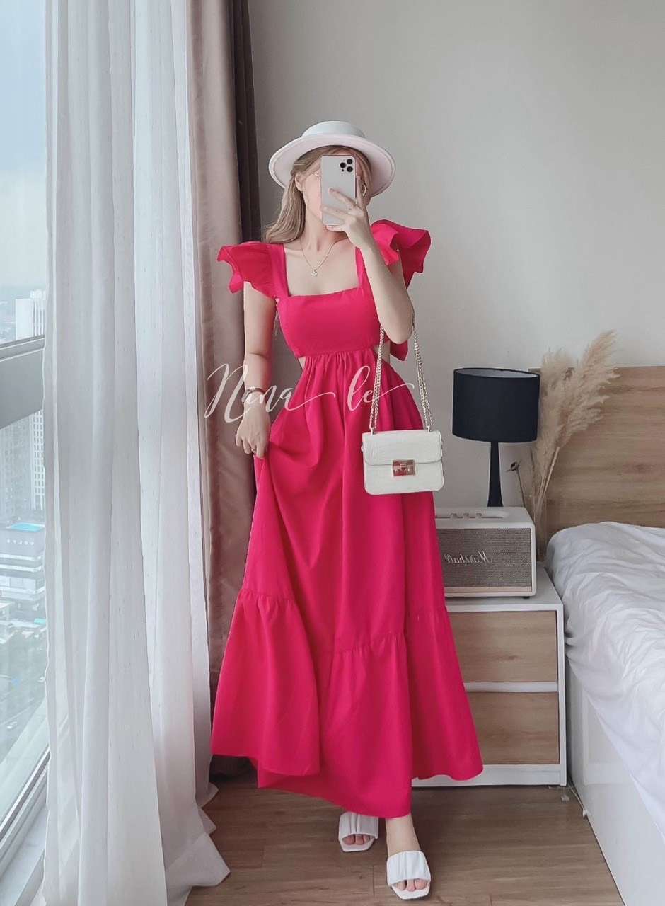 [miễn phí ship] Đầm maxi dài hở lưng đi biển, maxi trắng cổ vuông tay cánh tiên sexy,Đầm maxi dự tiệ