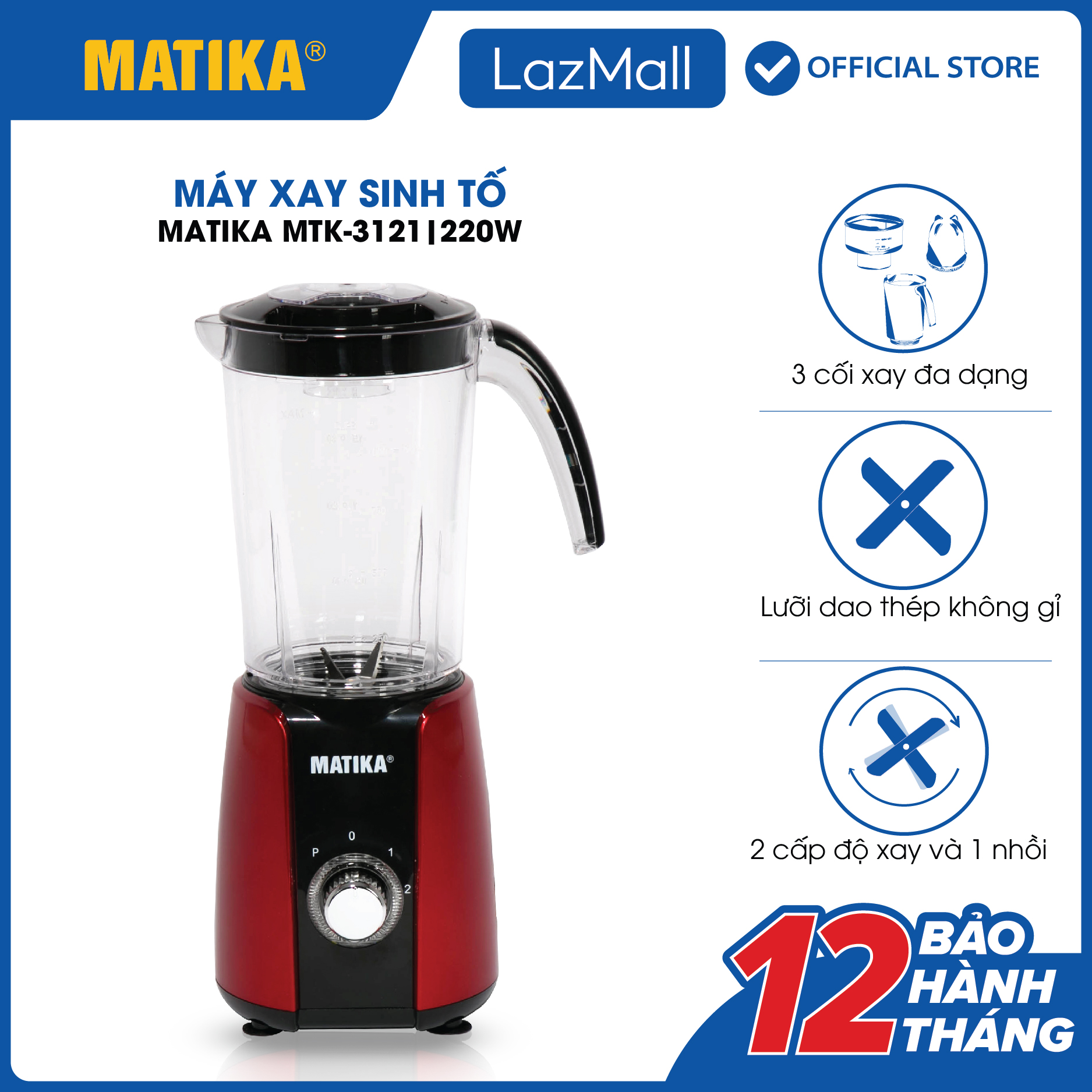 Máy xay sinh tố đa năng matika mtk-3121 - công suất 300w - 3 cối xay đa dạng - 2 cấp độ xay 1 cấp độ nhồi - lưỡi dao thép không gỉ - bảo hành 12 tháng - hàng chính hãng