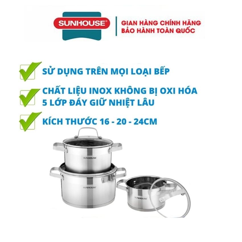Bộ 3 nồi inox cao cấo 5 đáy bếp từ sunhouse 24 20 16 cm chính hãng bảo hành toàn quốc