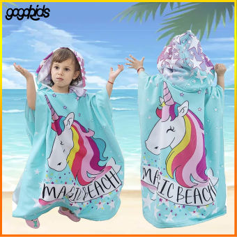 Khăn tắm trùm đầu áo Poncho trẻ em Gogokids Khăn tắm biển nam nữ đội mũ trùm bơi lướt cỡ 62x71 cm khăn tắm trẻ em Khăn choàng tắm áo Poncho Vải thun da cá, khăn lau thể thao nước cho trẻ em