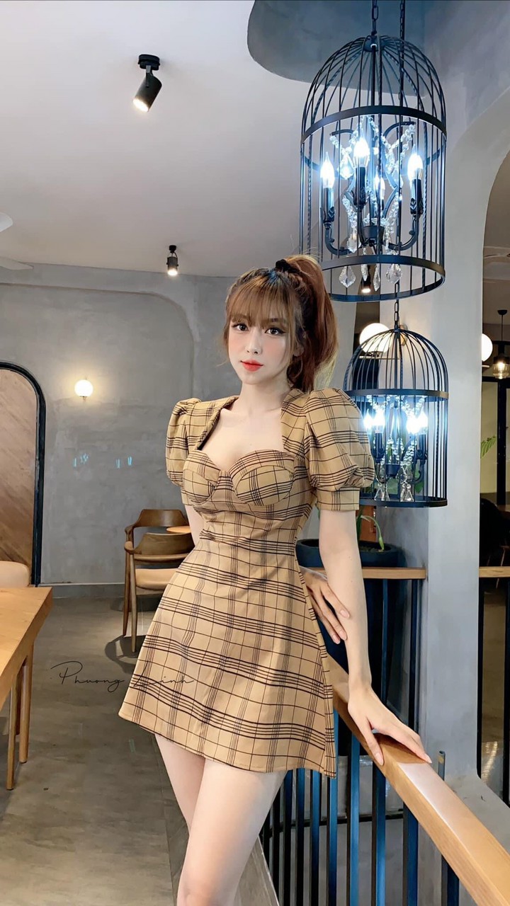 Đầm kate dày mịn cổ vuông cúp ngực ngắn tay caro tiểu thư ttsa1458