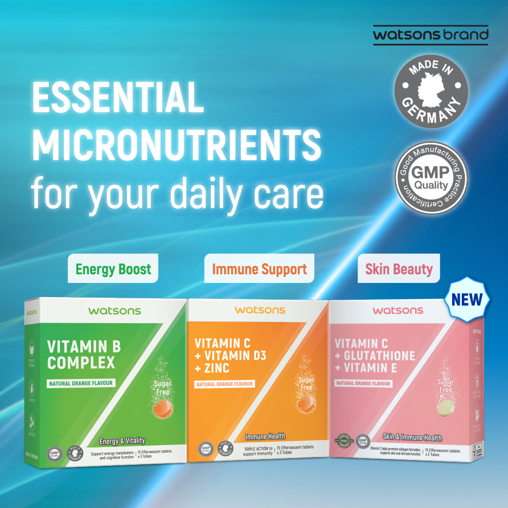 WATSONS Vitamin C + Glutathione + Vitamin E Effervescent Tablet  (Sugar-Free, Skin & Immune Health, Halal-Certified) 15s x 3 Tubes (Expiry:  Feb`2027)
