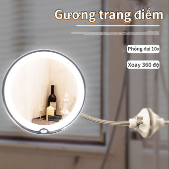 Gương để bàn phóng đại 10x , Gương trang điểm có đèn led tiện lợi, phụ kiện cho nữ soi làm đẹp, gương xoay inox