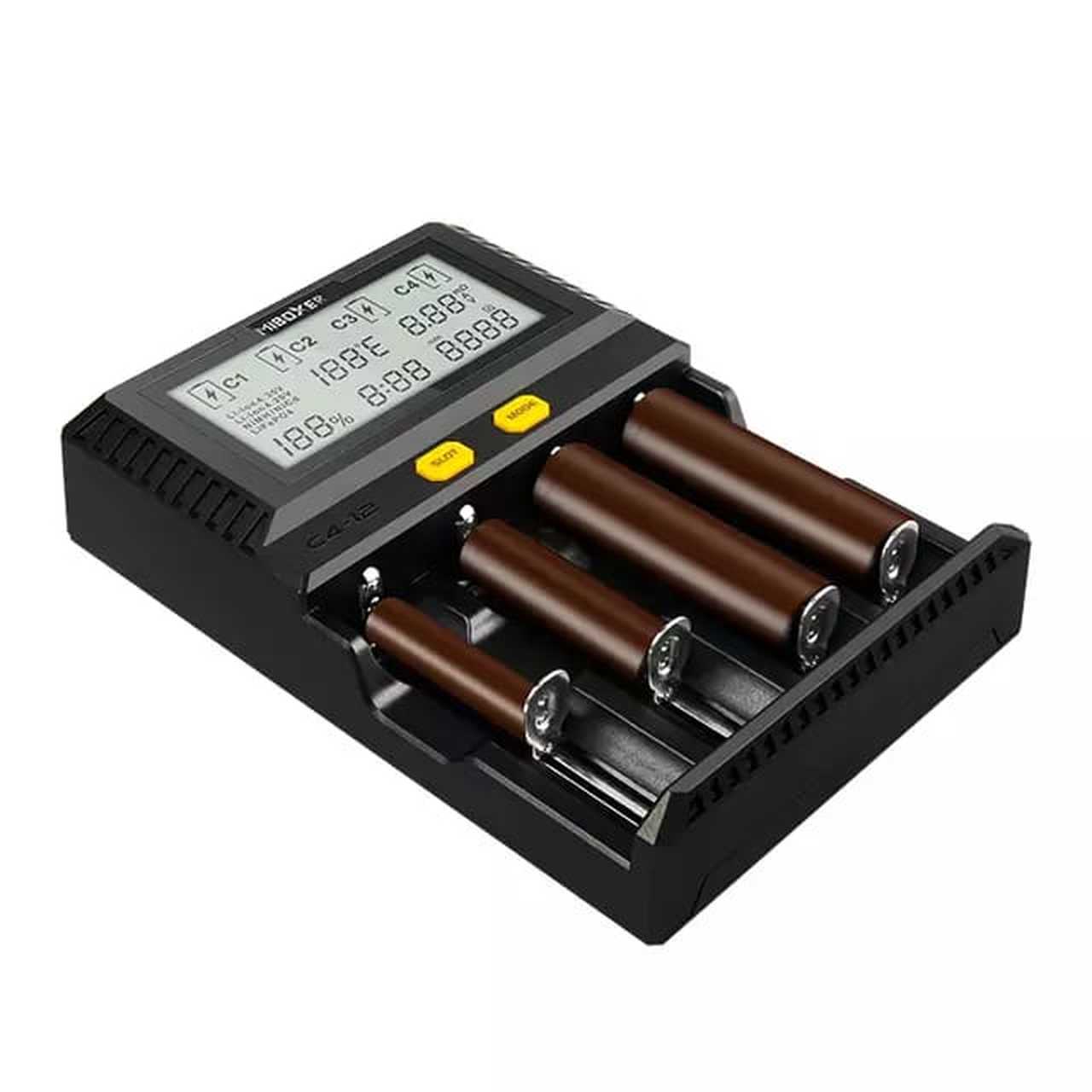 Sạc pin đa năng thông minh 4 slot MIBOXER C4-12 có màn hình hiển thị thông số pin, quá trình sạc, dòng sạc 3A một slot, có adapter riêng Bộ sạc du lịch