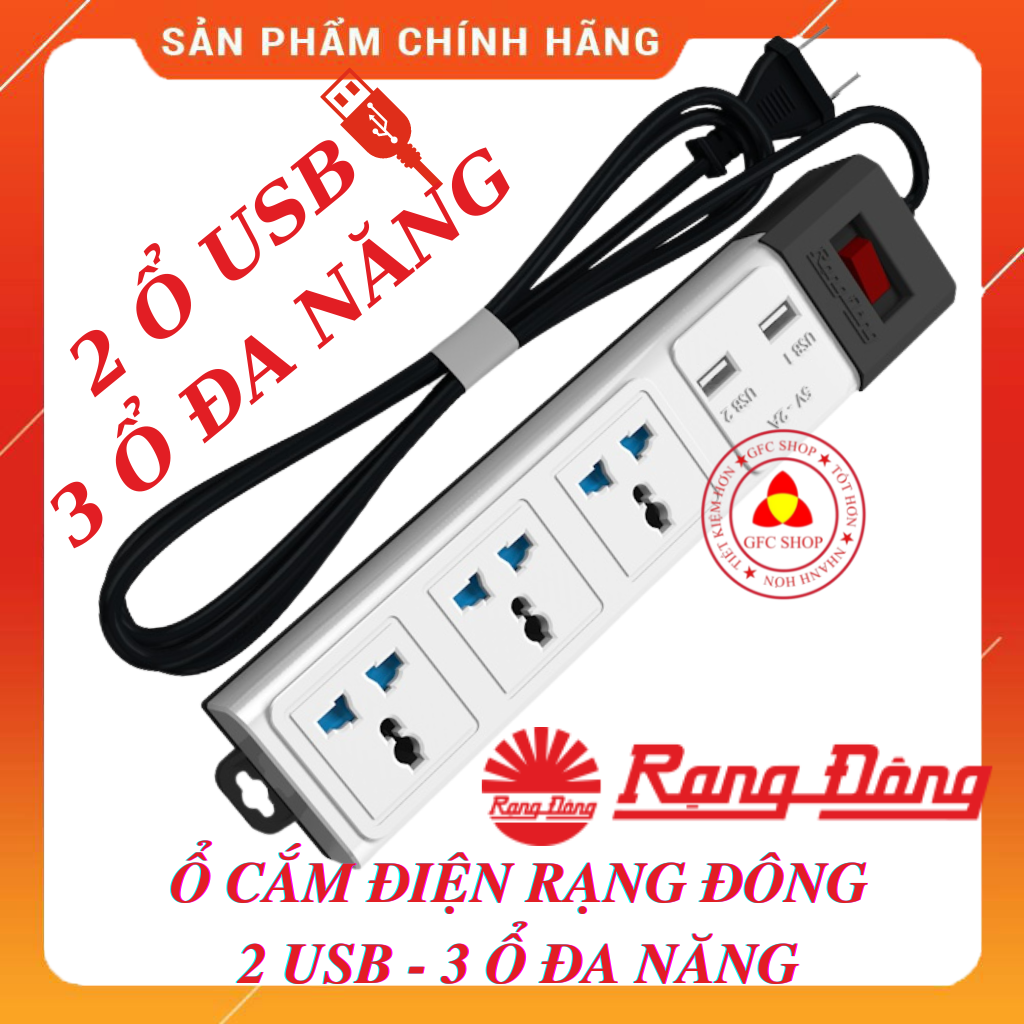 Ổ cắm điện rạng đông 2 ổ usb 3 ổ đa năng dây dài 3m / 5m công suất 2500w model oc02.usb 3c