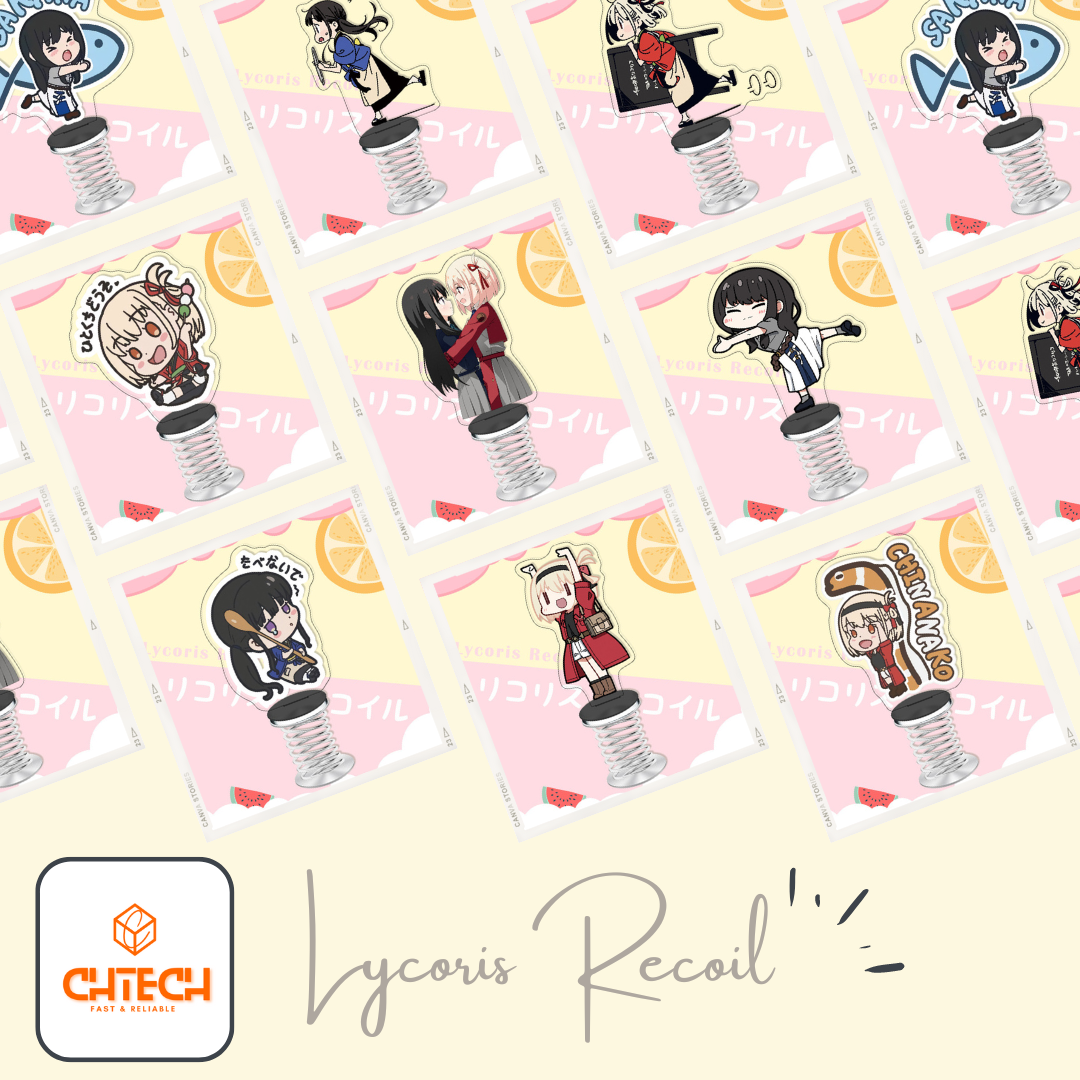 Lycoris Recoil Acrylic Figure Stand 1 <span data-spm-anchor-id="a2o42.pdp_revamp.product_detail.i1.5bb45e9bvfj0pC">Installation steps</span> 1. Peel off the protection layer before installing the base. 2. Put the base on a flat surface then install the acrylic figure on top (Do not apply too much force when installing.) 3. Peel off the double-sided tape on the spring to stick the base to it <p data-spm-anchor-id="a2o42.pdp_revamp.product_detail.i0.5bb45e9bvfj0pC">4. Peel off the double-sided tape at the bottom of the spring to stick it on a clean & smooth surface</p>