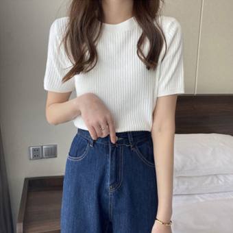 Áo len cộc tay dáng ôm EMIX, chất len đũa kiểu cổ tròn, freesize dưới 60kg, basic