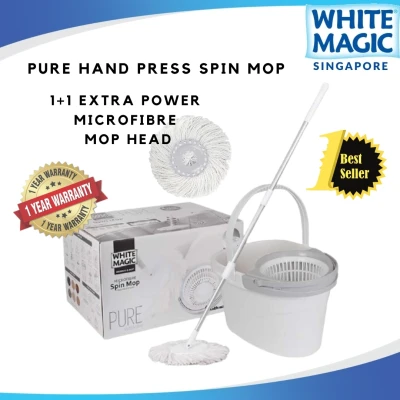 White Magic Pure Spin Mop Set (with 2 microfiber mop heads) / Handpress Mop / Made in Taiwan / Red Dot Design Award / Trolley Bundle (add-on available) / 1 Year Bucket Warranty (1)