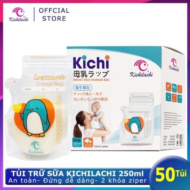 Túi trữ sữa Kichilachi 250ml không BPA, hộp 50 túi, túi đựng sữa mẹ an toàn cho bé, có zipper 2 đầu