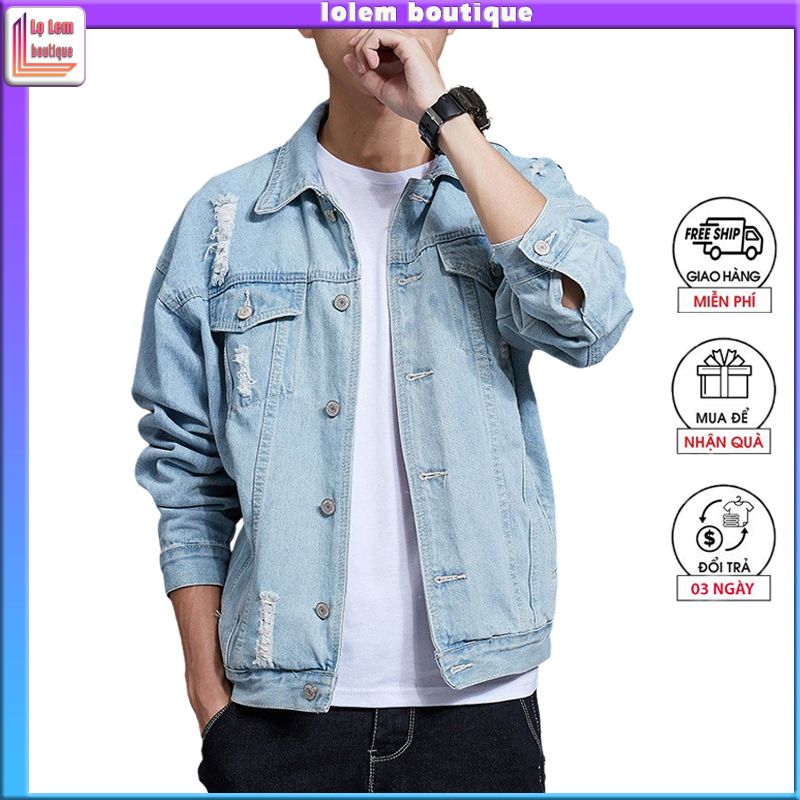 Áo khoác Nam jean form rộng Hàn Quốc rách xước phong cách đơn giản Siêu chất Chuẩn men - Lolem Boutique