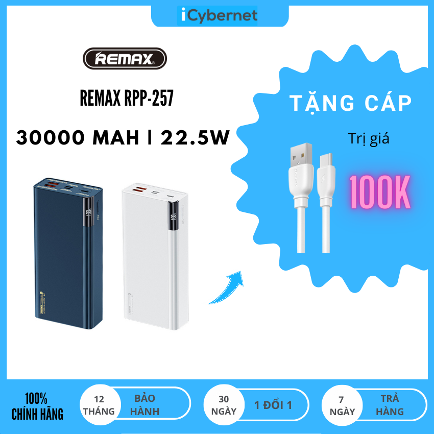 Sạc dự phòng 30000mAh Remax RPP-257 sạc nhanh 22.5W- Hàng chính hãng- bảo hành 12 tháng- FreeShipmax