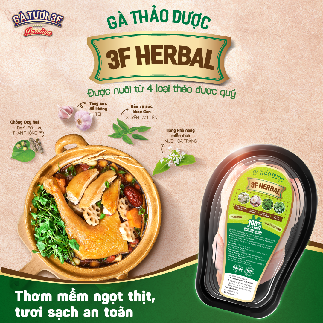 3F Gà Thảo dược 3F HERBAL 1.5kg, thả vườn không kháng sinh [HCM] - Thịt ngọt mềm, thơm ngon đậm đà