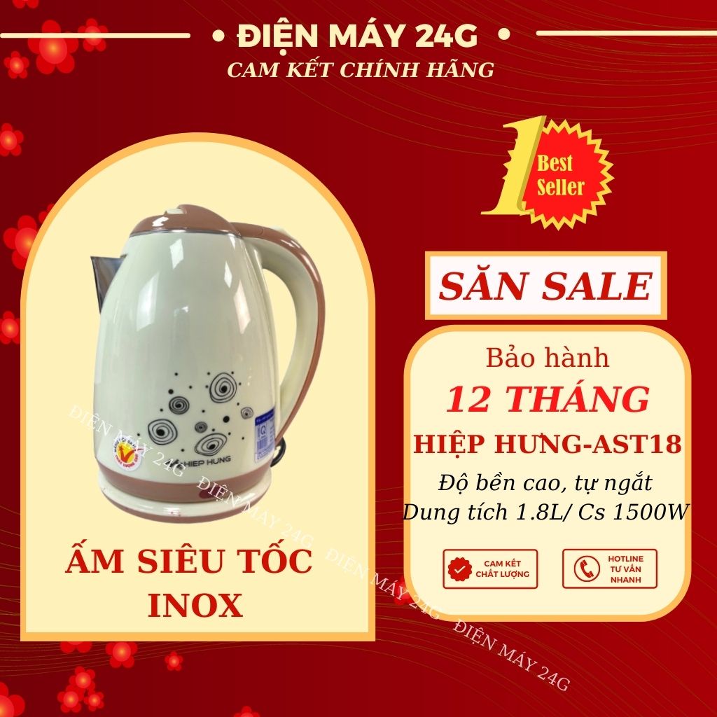 Ấm siêu tốc Hiệp Hưng AST18 tiết kiệm điện năng thiết kế đẹp chất liệu bền đun sôi nước nhanh chóng bảo hành 6 tháng